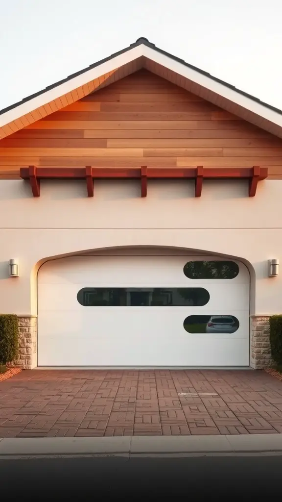 A contemporary garage door with unique oval windows, blending white and wood elements.