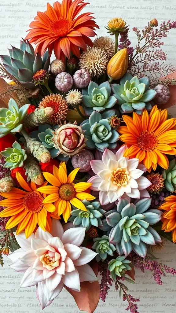A colorful bouquet featuring succulents, daisies, and other fall flowers.