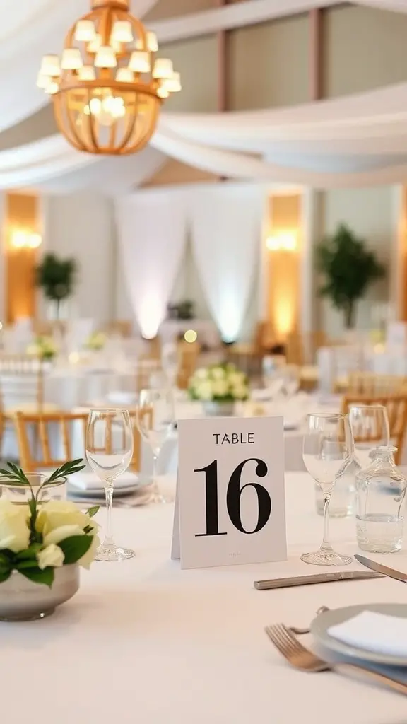 23 Stunning Banquet Decoration Ideas for Your Next Event 11 A banquet table setting with a stylish table number sign displaying 'TABLE 16'.