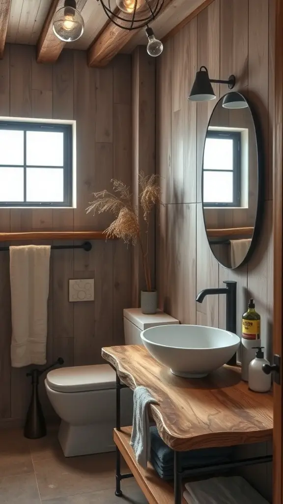 Rustic small bathroom with a unique wood countertop, bowl sink, and natural elements.