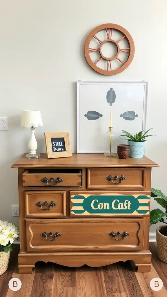 An upcycled dresser with decorative accessories placed on top.