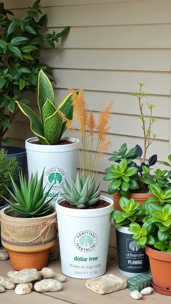 A collection of upcycled planters from Dollar Tree filled with various plants, arranged on a wooden surface.