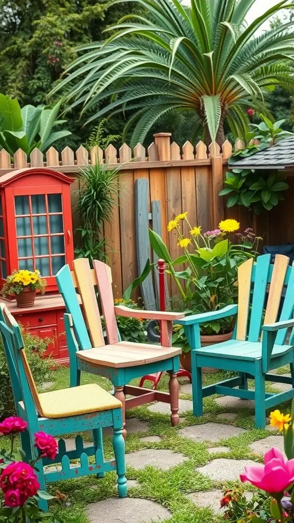 19 Stunning Backyard Oasis Ideas on a Budget 10 Colorful upcycled garden furniture in a vibrant backyard setting