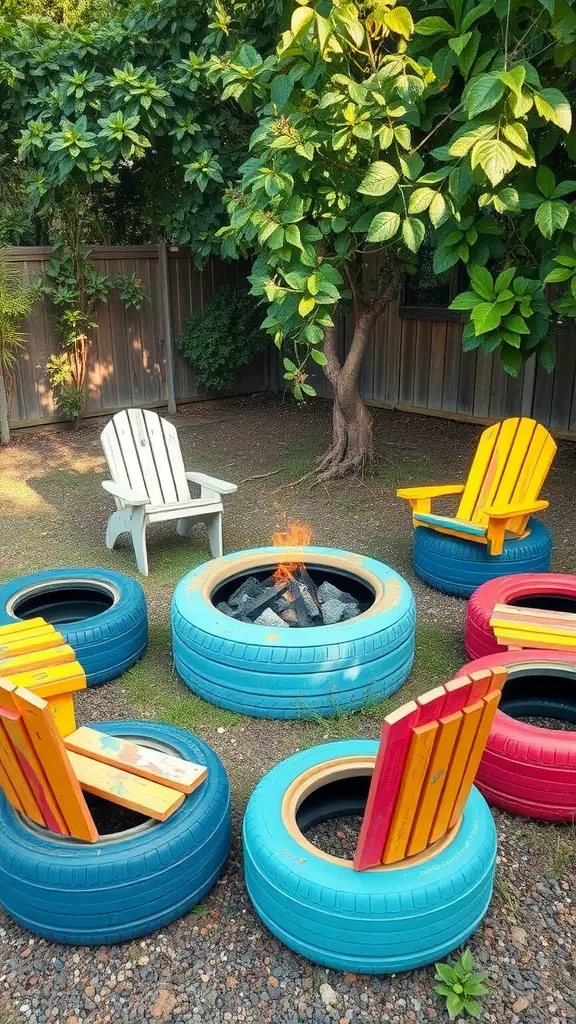 23 Affordable Backyard Patio Ideas to Transform Your Outdoor Space 10 Colorful upcycled tire seating arranged around a fire pit in a backyard