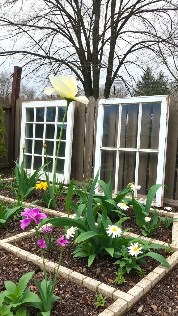 Two upcycled windows used as garden borders, surrounded by colorful flowers and plants.