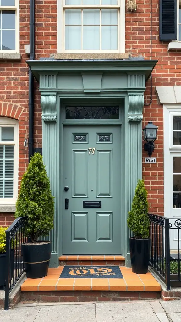 15 Stunning Sage Green Exterior Doors to Inspire Your Home Makeover 2 Urban townhouse with a sage green door, brick facade, and black railing.