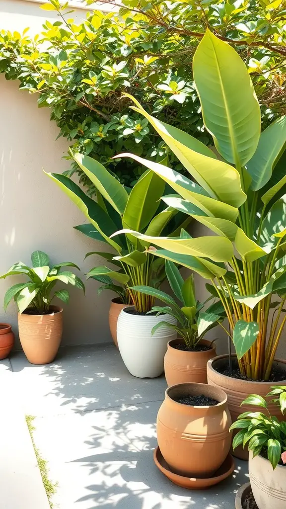 Large potted plants arranged in a backyard setting providing shade and greenery.