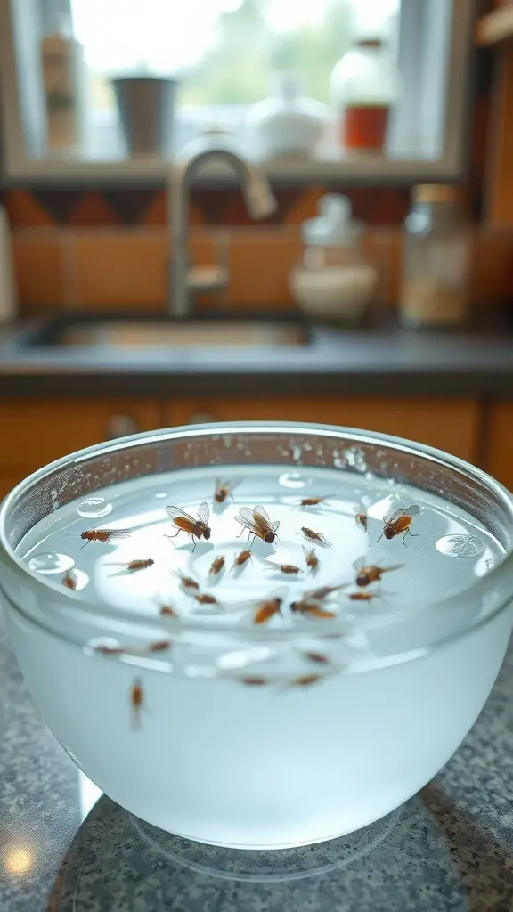 A bowl filled with water and soap, showing fruit flies trapped inside.