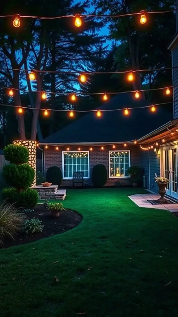 13 Stunning Backyard Makeover Ideas for Your Outdoor Oasis 5 Backyard with glowing string lights creating a cozy evening atmosphere.