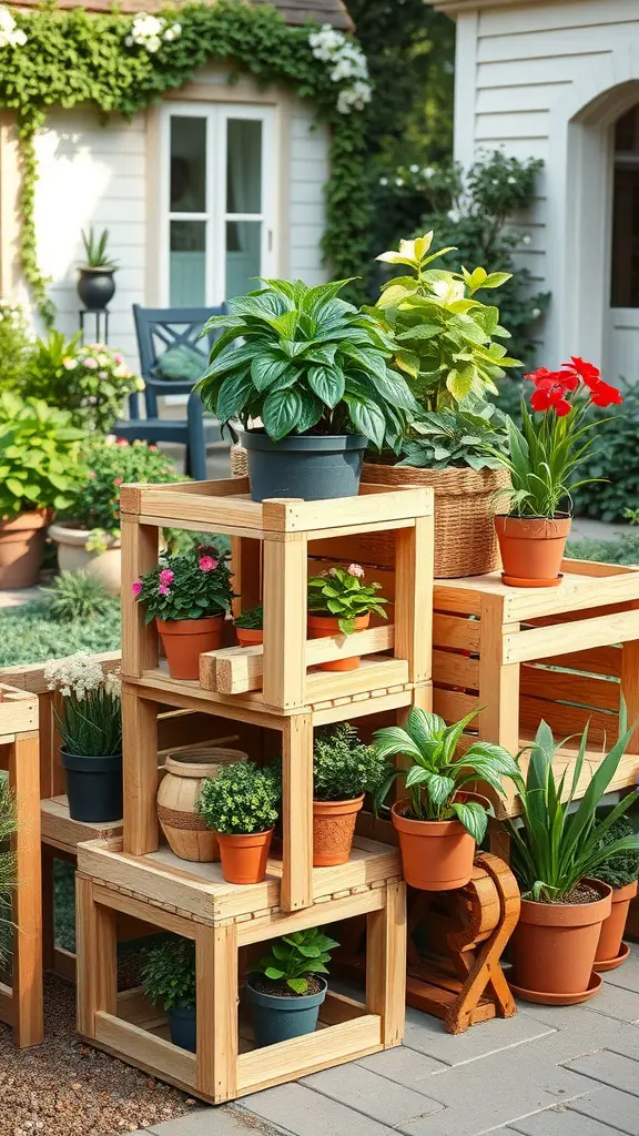 15 Creative Repurposed Items to Transform Your Garden 5 A garden display featuring stacked wooden crates with various potted plants.