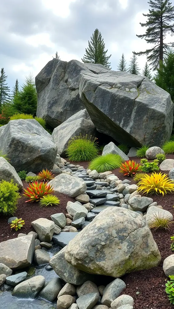 15 Creative Rock Drainage Landscaping Ideas for Your Outdoor Space 12 A landscape featuring large boulders, colorful plants, and a small water stream.