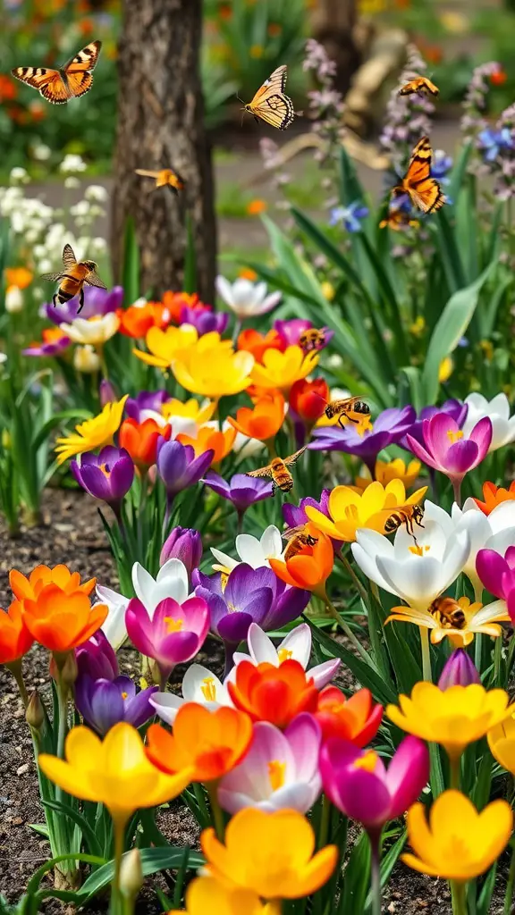19 Stunning Floral Garden Ideas Featuring Beautiful Bulbs 12 A colorful garden filled with crocuses and butterflies, showcasing the beauty of bulbs while attracting pollinators.