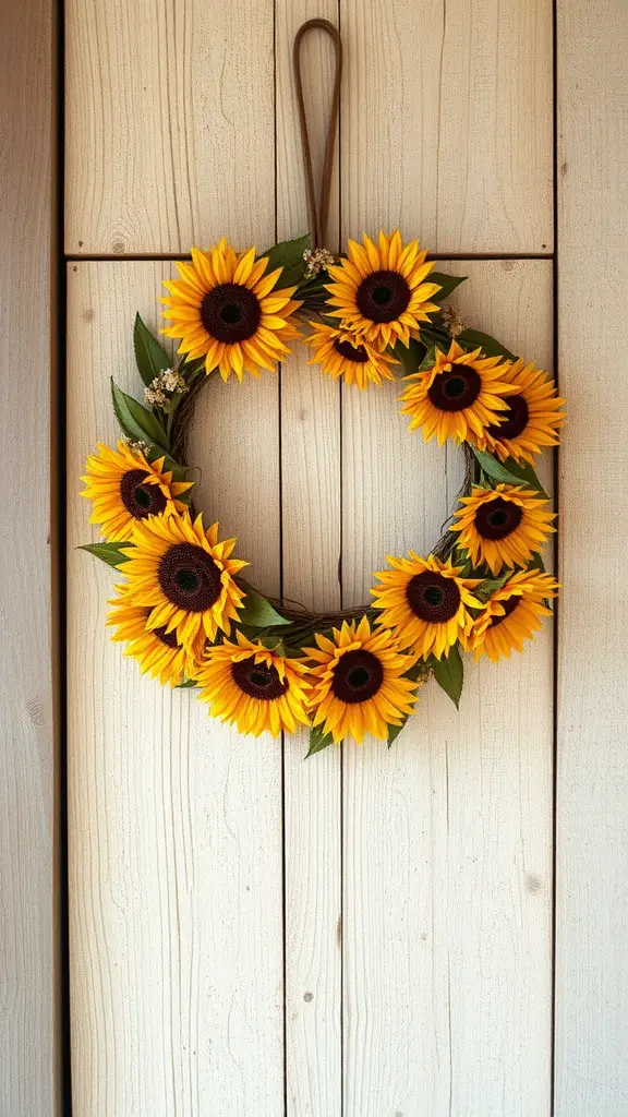 A wreath made of dried sunflowers hanging on a wooden wall.
