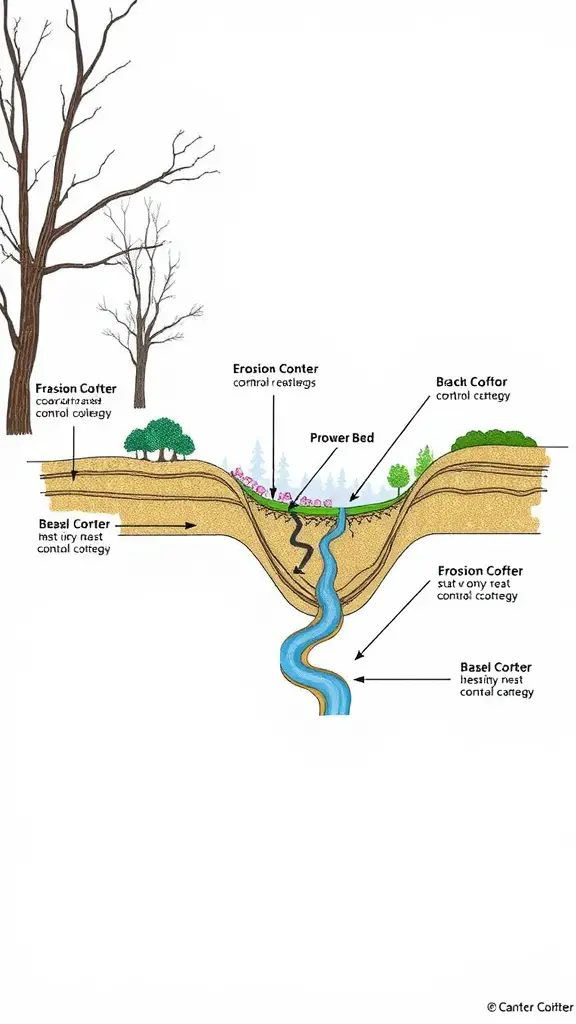 Illustration showing various erosion control techniques including Power Bed and Erosion Coffers.