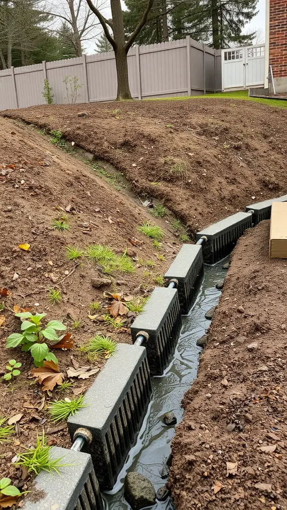 23 Creative French Drain Ideas for Effective Water Management 16 A French drain system in a sloped yard directing water flow.