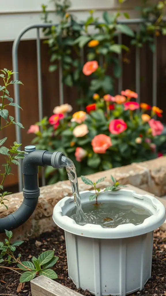 15 Creative Garden Irrigation Ideas for a Thriving Garden 13 A pipe pouring greywater into a container in a garden surrounded by blooming flowers.