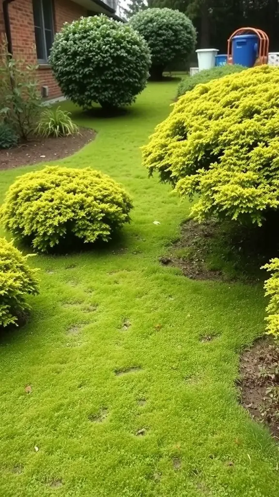 21 Creative Sloped Backyard Landscaping Ideas You’ll Love 9 Lush green ground cover plants on a sloped backyard with round bushes.