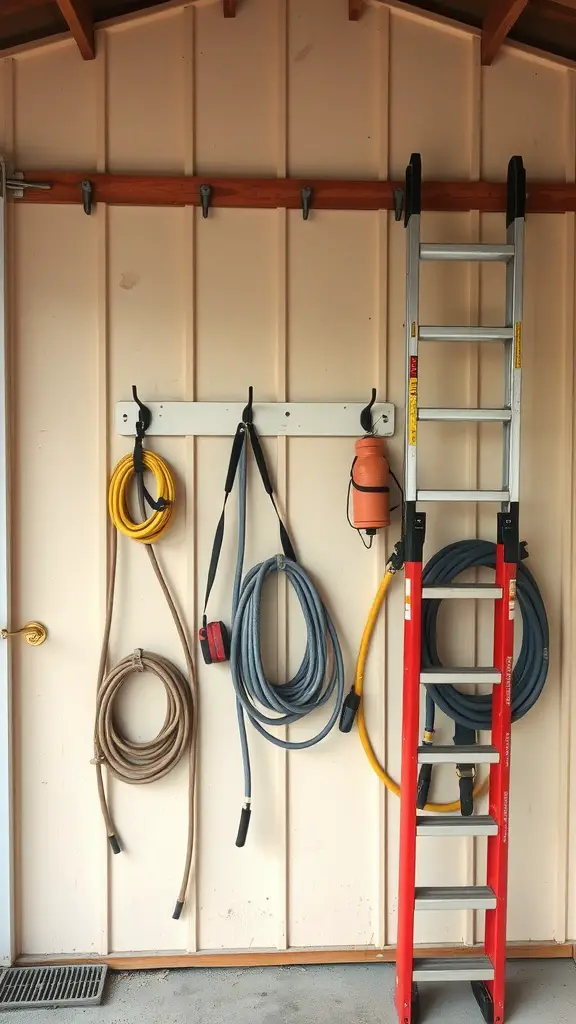 23 Genius Shed Organization Tips for Small Spaces 15 A shed wall with various outdoor gear organized on hooks, including hoses, ropes, and a ladder.