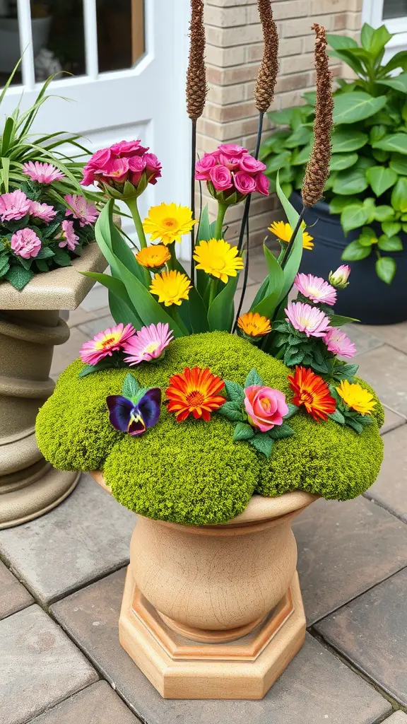 25 Unique Moss Garden Ideas for Your Outdoor Space 4 Container garden filled with vibrant flowers and lush green moss