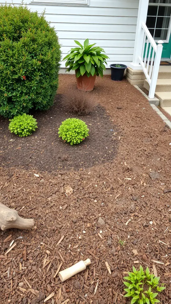 19 Stunning Landscaping Ideas for Your Home's Exterior 13 Mulched garden area with green plants and a potted flower near a house entrance.