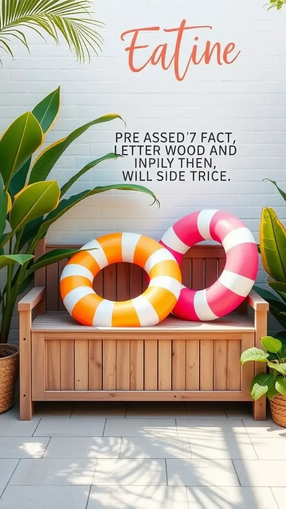 19 Creative Pool Float Storage Ideas You'll Love 8 A wooden outdoor storage bench with colorful pool floats and tropical plants.