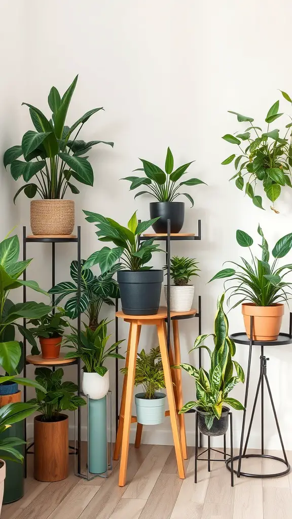 23 Creative Ways to Decorate with Plants in Your Home 17 A variety of plants displayed on different plant stands, showcasing height variation and design.