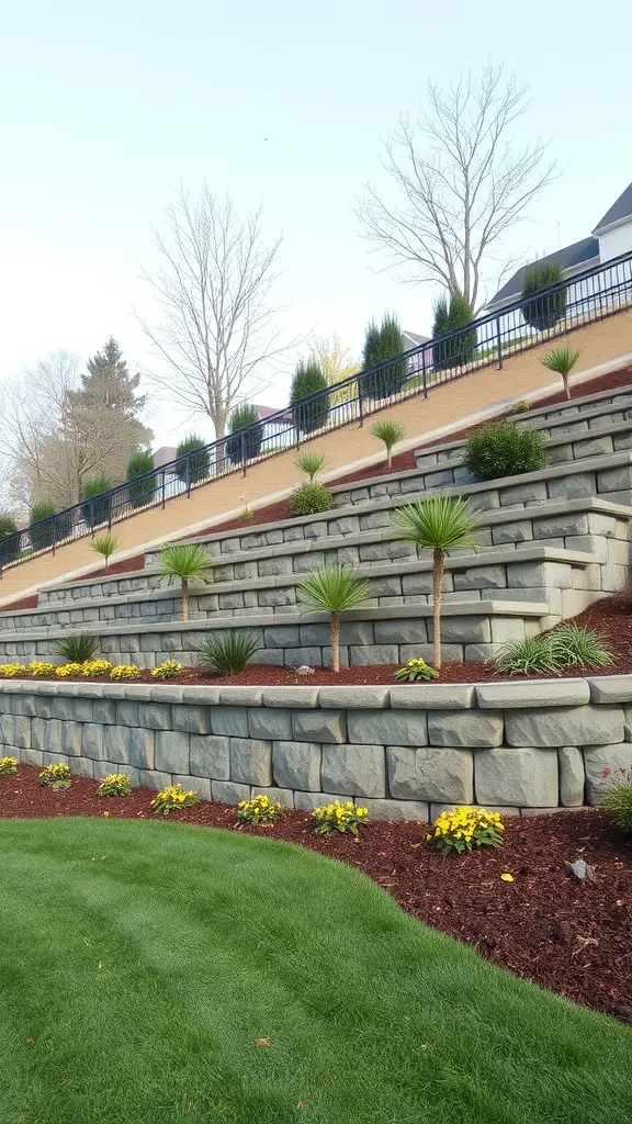 21 Creative Sloped Backyard Landscaping Ideas You’ll Love 5 Terraced backyard landscape with retaining walls and colorful flowers