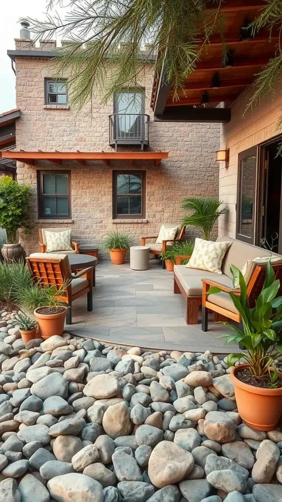 19 Creative River Rock Landscaping Ideas for Your Garden 17 Outdoor seating area with river rocks, wooden chairs, and potted plants.