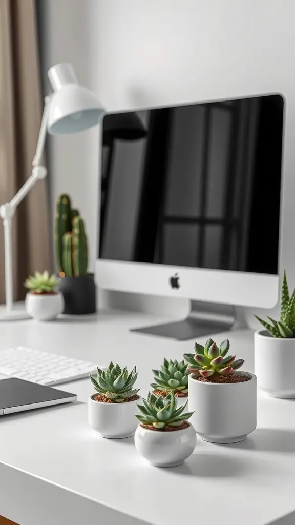 23 Creative Ways to Decorate with Plants in Your Home 4 A clean workspace featuring different succulents in white pots, a computer, and a lamp.