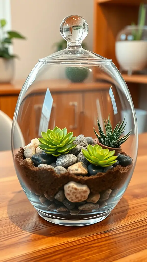 19 Indoor Plant Styling Ideas to Elevate Your Space 5 A glass terrarium with two succulents, pebbles, and decorative stones on a wooden surface.