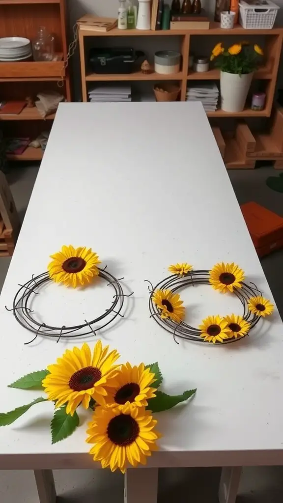 An image showing two wreath bases: one wire and one foam, with brightly colored sunflowers arranged around them on a table.
