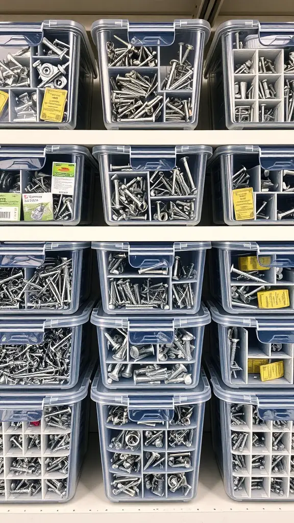 19 Essential Items for Perfect Garage Tool Organization 8 Clear storage bins filled with assorted screws and small parts, neatly organized on shelves.