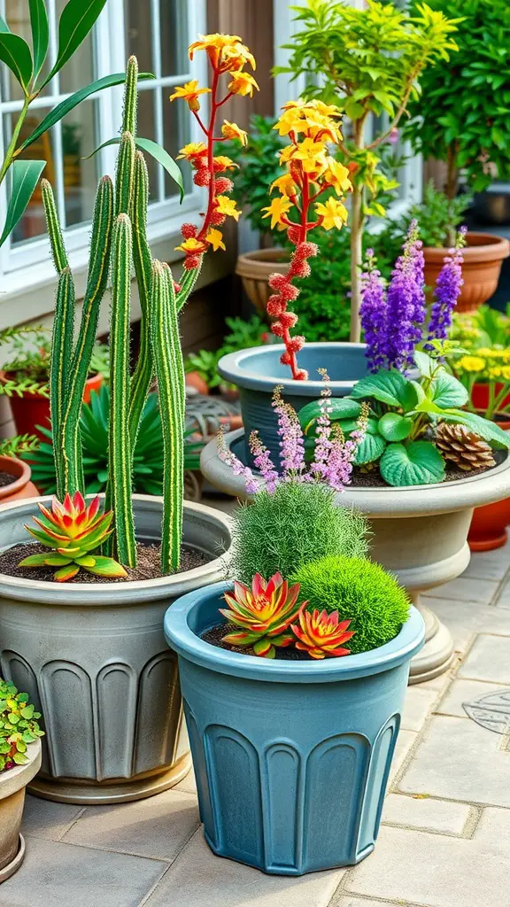 23 Stunning Alpine Garden Ideas for a Breathtaking Landscape 5 A collection of alpine plants in decorative containers, showcasing a variety of colors and shapes.