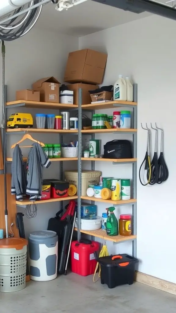 21 Creative Garage Storage Ideas You Need to Try 11 Corner shelving unit filled with containers and cleaning supplies in a garage.