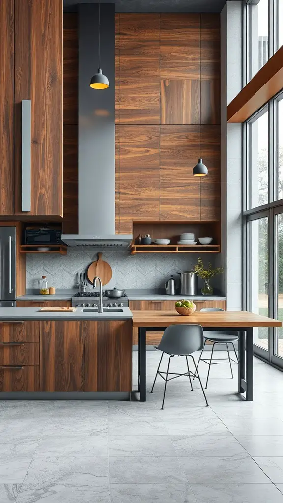 23 Stunning Open Kitchen Ideas for a Modern Home 11 A modern open kitchen featuring wood cabinets, metallic accents, and a light stone floor, showcasing various textures.