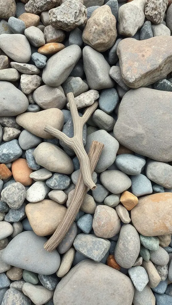 19 Inspiring Rock Garden Ideas for Your Outdoor Space 12 A piece of driftwood on various smooth stones in a rock garden.