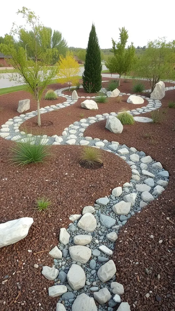 15 Innovative Dry Rock Bed Ideas for Effective Drainage Solutions 14 A dry rock bed landscape design with winding stones and greenery.