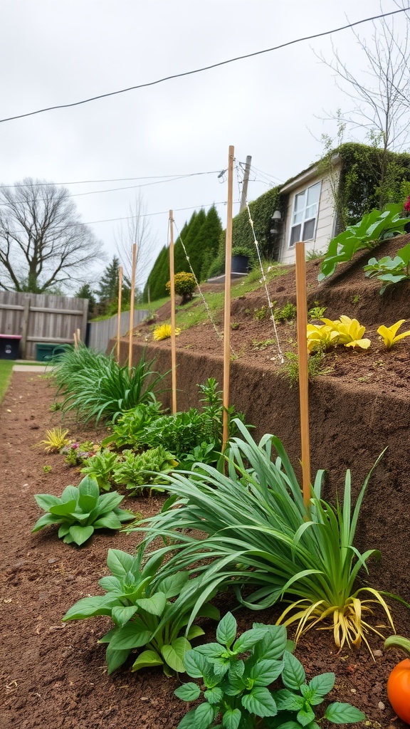 21 Creative Sloped Backyard Landscaping Ideas You’ll Love 17 A sloped backyard garden with various edible plants and a house in the background