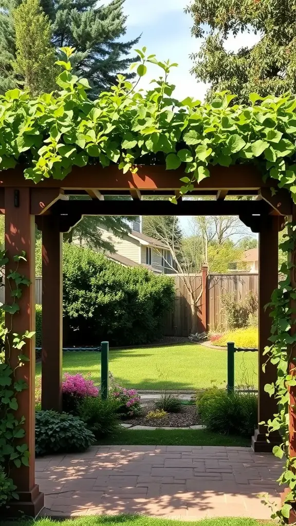 A wooden garden arbor covered with green vines, leading into a lush garden.