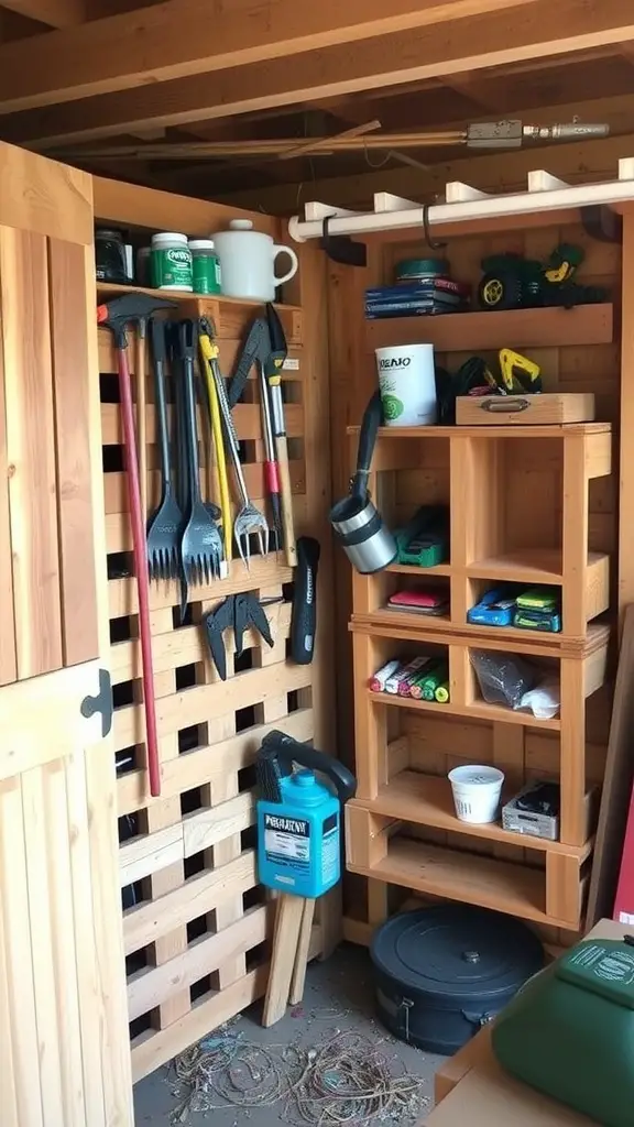 23 Genius Shed Organization Tips for Small Spaces 16 A well-organized shed with tools on a wooden pallet and shelves.
