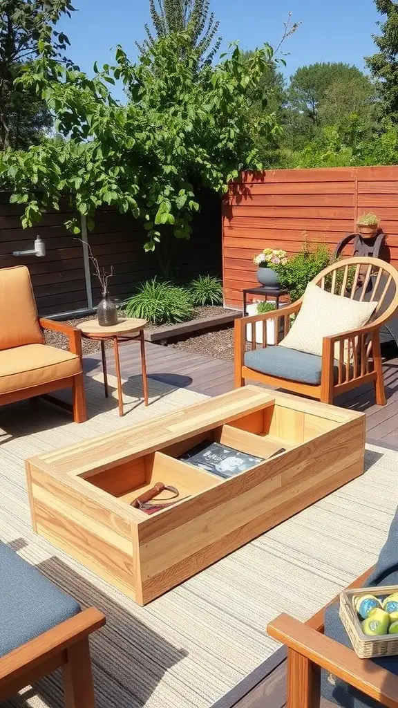 25 Clever Outdoor Storage Ideas to Maximize Space 9 A cozy outdoor setting featuring a wooden coffee table with storage compartments surrounded by comfortable seating.