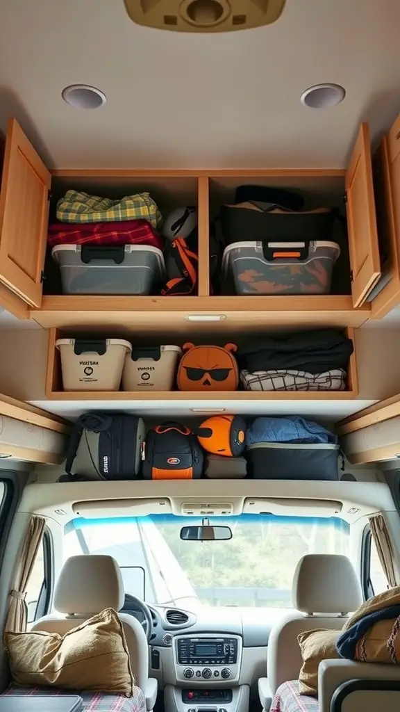 Organized overhead cabinets in an RV with neatly packed containers and bags.