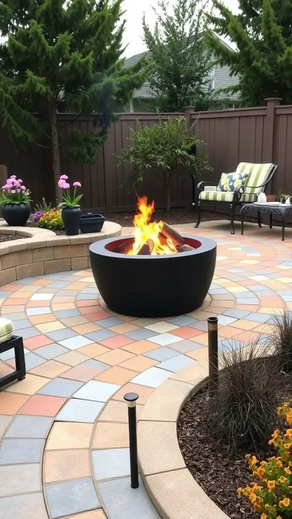15 Stunning Fire Pit Landscaping Ideas for Your Outdoor Space 5 A stylish outdoor patio with a fire pit, colorful pavers, and seating surrounded by plants