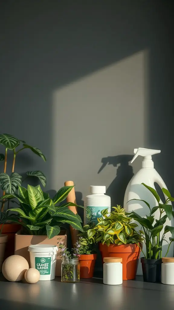 19 Indoor Plant Styling Ideas to Elevate Your Space 17 A collection of indoor plants and gardening supplies arranged on a shelf, showing pots with greenery, plant care bottles, and decorative elements.