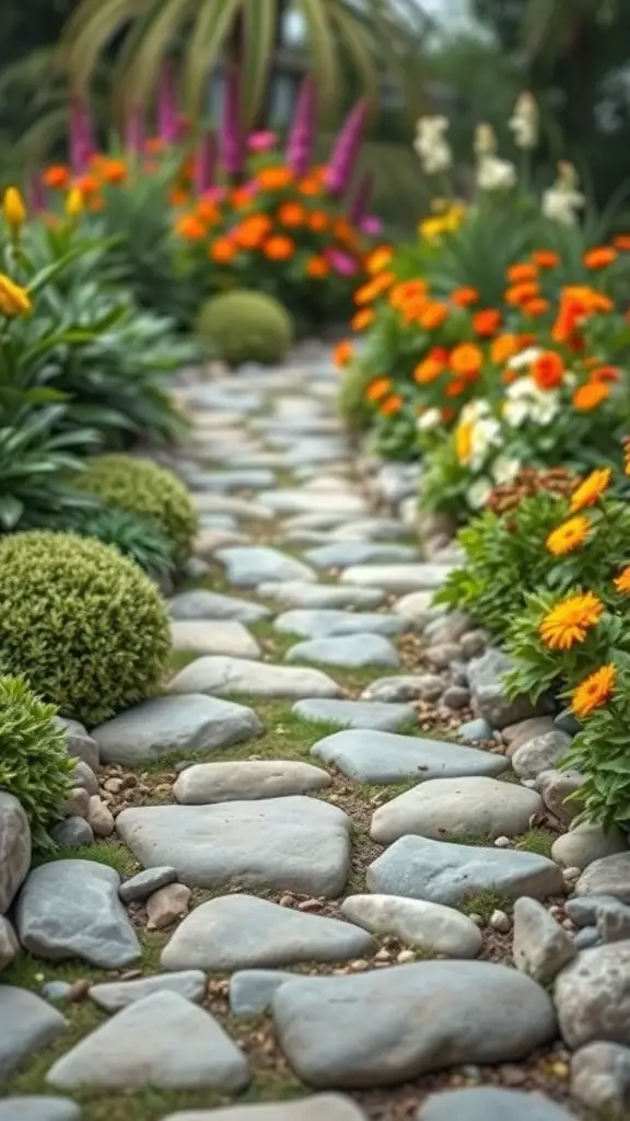 15 Creative Rock Drainage Landscaping Ideas for Your Outdoor Space 2 A garden pathway made of smooth river rocks, surrounded by colorful flowers.