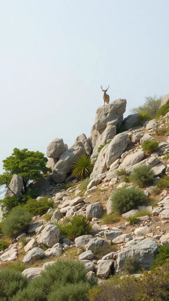 21 Stunning Landscaping Ideas Featuring Large Rocks 13 A deer standing on a large rock formation surrounded by greenery.