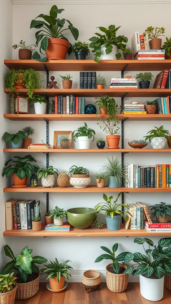 A well-organized shelf filled with various plants, books, and decorative items.