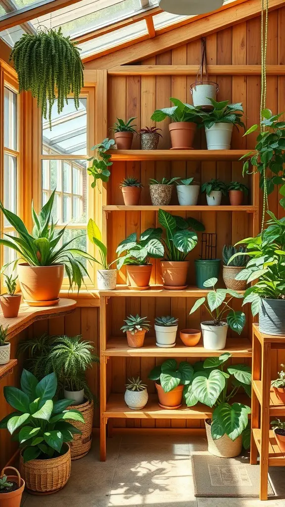 A sunroom with wooden shelves displaying various potted plants.