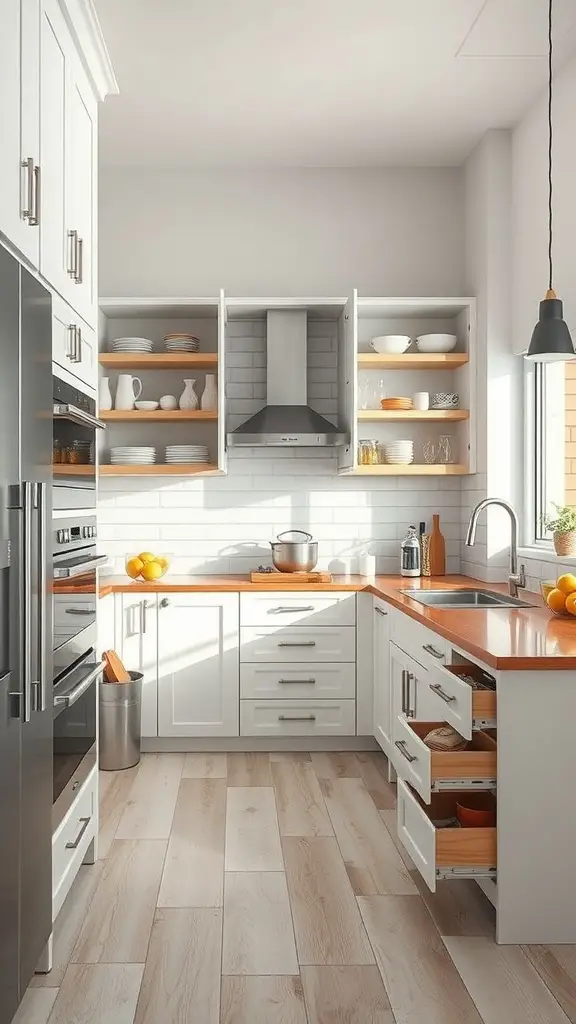 23 Stunning Open Kitchen Ideas for a Modern Home 9 A bright, modern kitchen featuring smart storage solutions with open shelves and organized drawers.