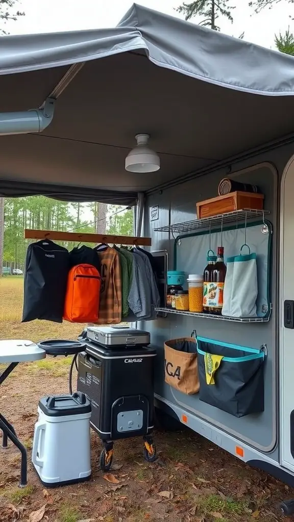 19 Clever Camper Storage Ideas for Your Next Adventure 9 Camper awning area showing organized storage with clothes, shelves, and hanging bags